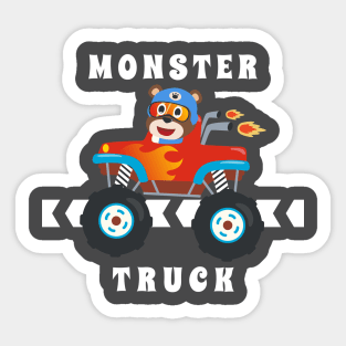 Cartoon vector of monster truck with little animal driver. Sticker